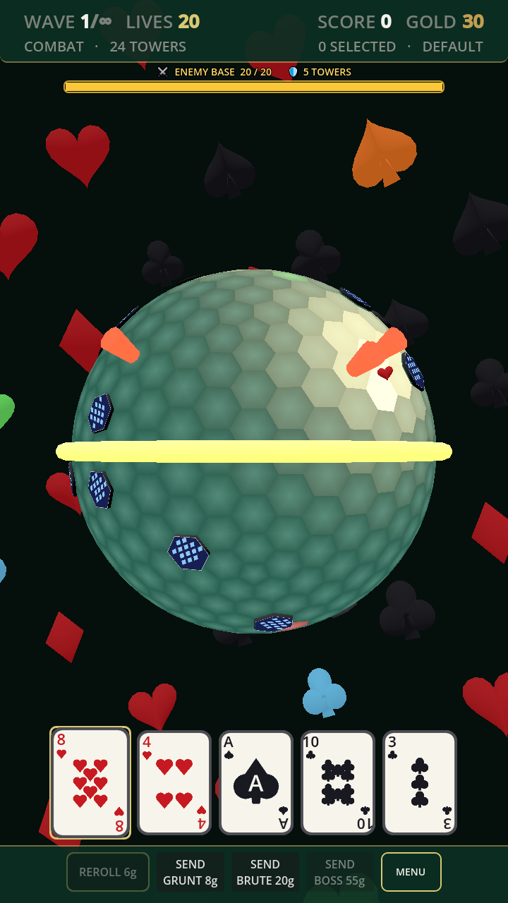 Hex Poker TD versus mode — towers defending the hex planet against enemies