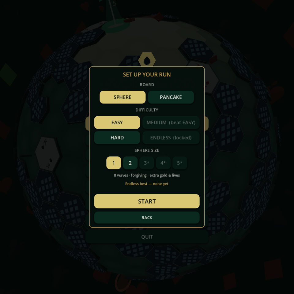 Hex Poker TD run setup — board, difficulty, and size selection